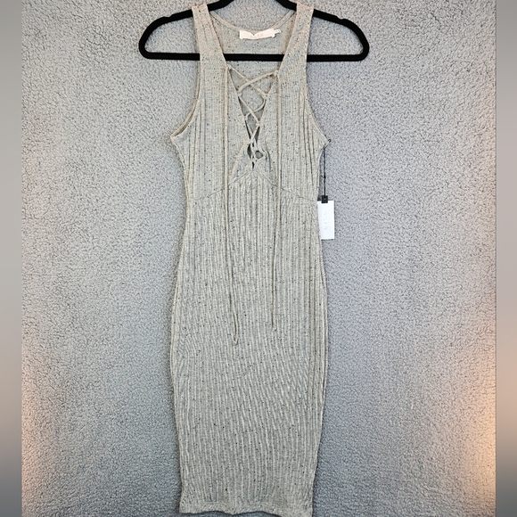 ASTR The Label Gray Heather With Black Dots Lace Up Front Ribbed Knit Dress Sz S - Picture 4 of 13